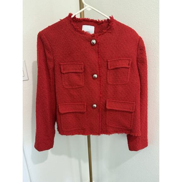 Mng Mango TWEED JACKET WITH POCKETS in red New Women’s Sz XXL - Picture 2 of 7